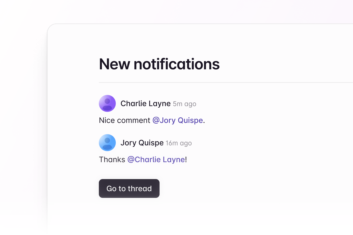 An email titled 'New notifications' showing two comments and a link to the thread